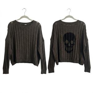 SKULL CASHMERE Distressed Knit Sweater M Brown Skull Back Cropped